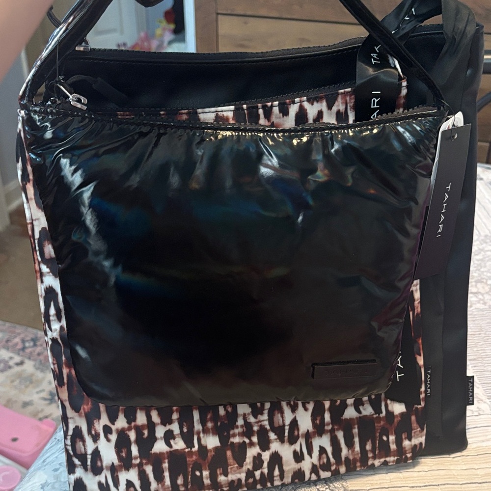 NWT Tahari  3 Different Sizes Black and Brown Patterned Tote Bags